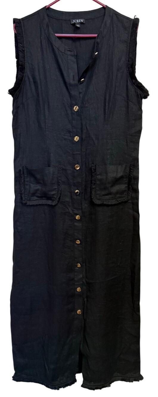 J CREW WOMENS L 100% LINEN BLACK BUTTON FRONT MAXI VEST DRESS POCKETS